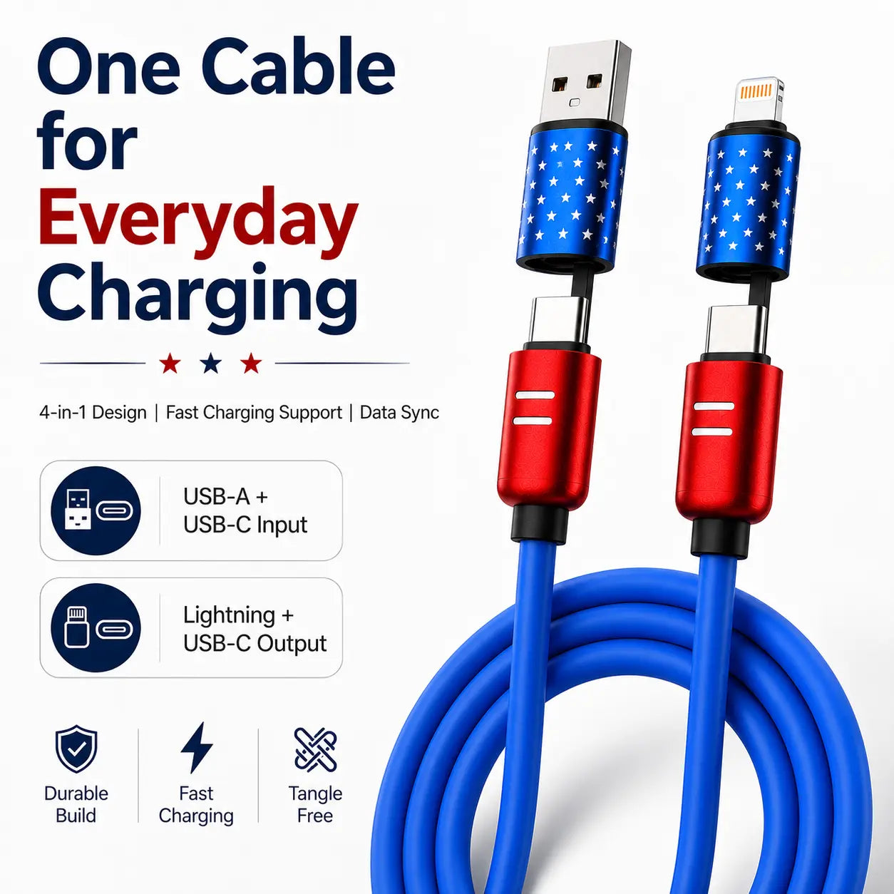4-in-1 Fast Charging and Sync Cable (3.3Ft/6.6Ft) - American Flag Inspired iPhone Charger with Durable Metallic Connectors, Flexible USB-A to Lightning/Type-C for Home and Car Use