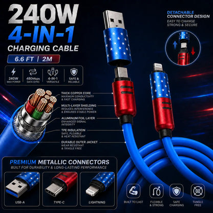 4-in-1 Fast Charging and Sync Cable (3.3Ft/6.6Ft) - American Flag Inspired iPhone Charger with Durable Metallic Connectors, Flexible USB-A to Lightning/Type-C for Home and Car Use
