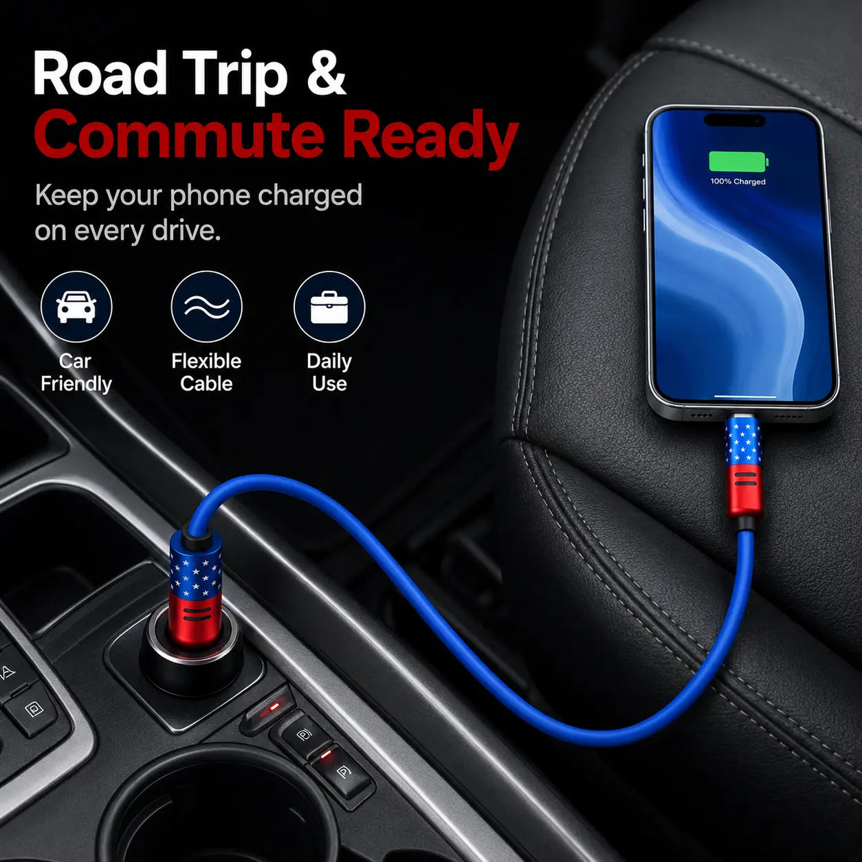 4-in-1 Fast Charging and Sync Cable (3.3Ft/6.6Ft) - American Flag Inspired iPhone Charger with Durable Metallic Connectors, Flexible USB-A to Lightning/Type-C for Home and Car Use