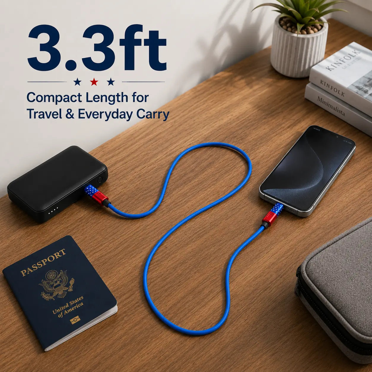 4-in-1 Fast Charging and Sync Cable (3.3Ft/6.6Ft) - American Flag Inspired iPhone Charger with Durable Metallic Connectors, Flexible USB-A to Lightning/Type-C for Home and Car Use