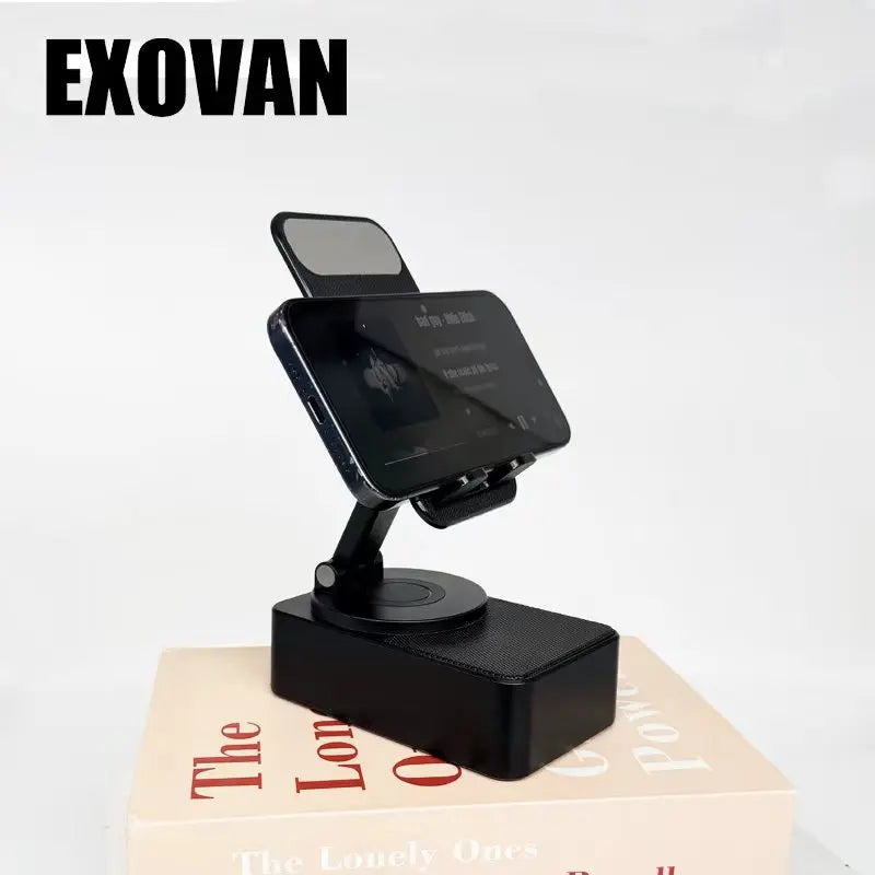 Wireless Bluetooth Speaker with 5-in-1 Phone Holder, Rechargeable Emergency Power, Colorful Ambient Lighting, 300° Foldable Design for Tablets and Smartphones, Ideal Gift for Men and Women, Black with LED Nightlight and Induction Charging Stand