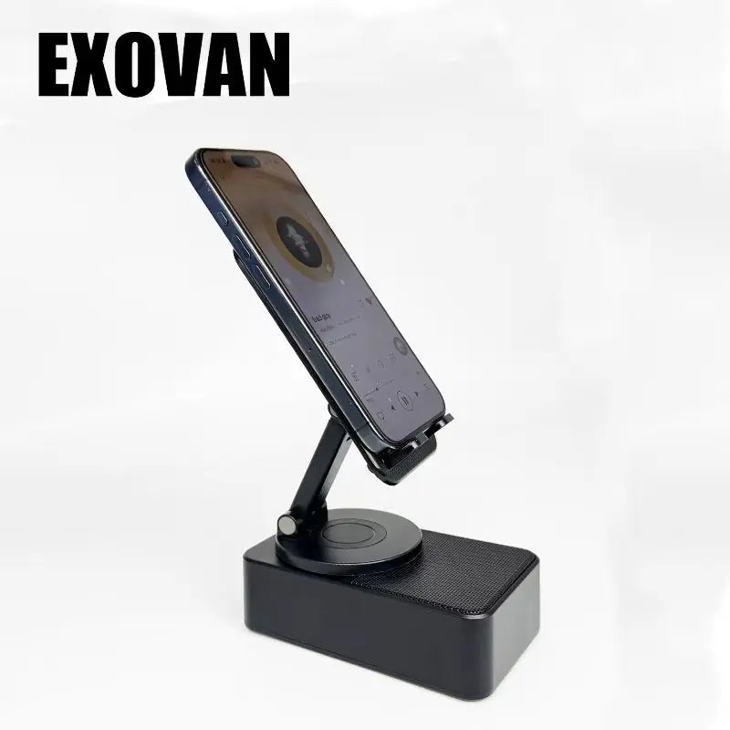 Wireless Bluetooth Speaker with 5-in-1 Phone Holder, Rechargeable Emergency Power, Colorful Ambient Lighting, 300° Foldable Design for Tablets and Smartphones, Ideal Gift for Men and Women, Black with LED Nightlight and Induction Charging Stand