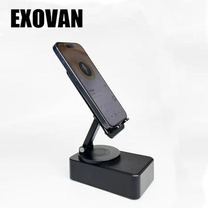 Wireless Bluetooth Speaker with 5-in-1 Phone Holder, Rechargeable Emergency Power, Colorful Ambient Lighting, 300° Foldable Design for Tablets and Smartphones, Ideal Gift for Men and Women, Black with LED Nightlight and Induction Charging Stand
