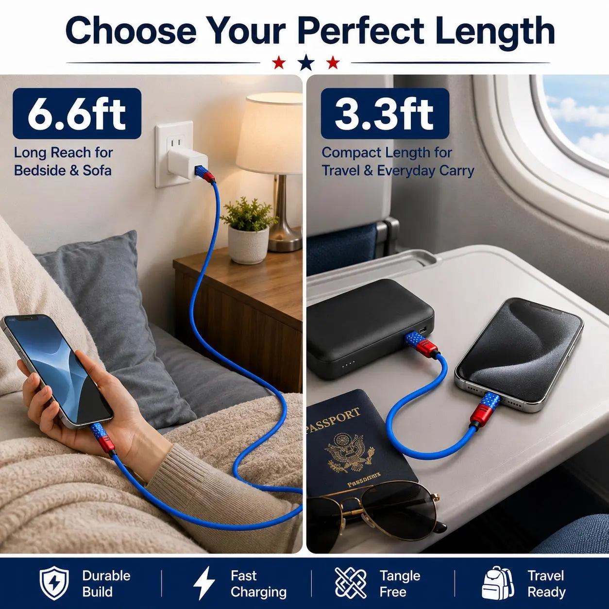 4-in-1 Fast Charging and Sync Cable (3.3Ft/6.6Ft) - American Flag Inspired iPhone Charger with Durable Metallic Connectors, Flexible USB-A to Lightning/Type-C for Home and Car Use