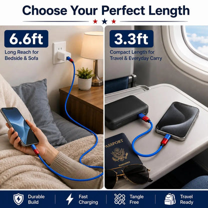 4-in-1 Fast Charging and Sync Cable (3.3Ft/6.6Ft) - American Flag Inspired iPhone Charger with Durable Metallic Connectors, Flexible USB-A to Lightning/Type-C for Home and Car Use
