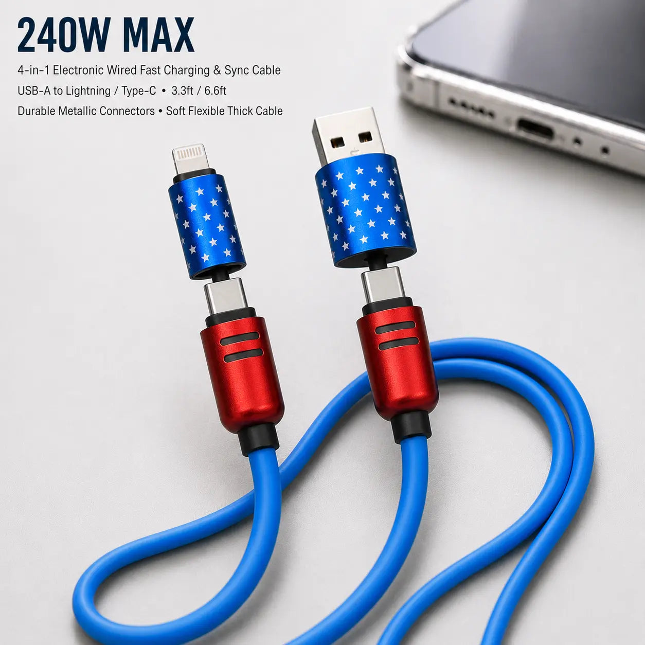 4-in-1 Fast Charging and Sync Cable (3.3Ft/6.6Ft) - American Flag Inspired iPhone Charger with Durable Metallic Connectors, Flexible USB-A to Lightning/Type-C for Home and Car Use