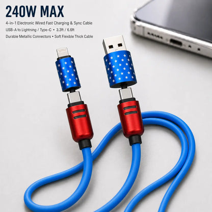 4-in-1 Fast Charging and Sync Cable (3.3Ft/6.6Ft) - American Flag Inspired iPhone Charger with Durable Metallic Connectors, Flexible USB-A to Lightning/Type-C for Home and Car Use