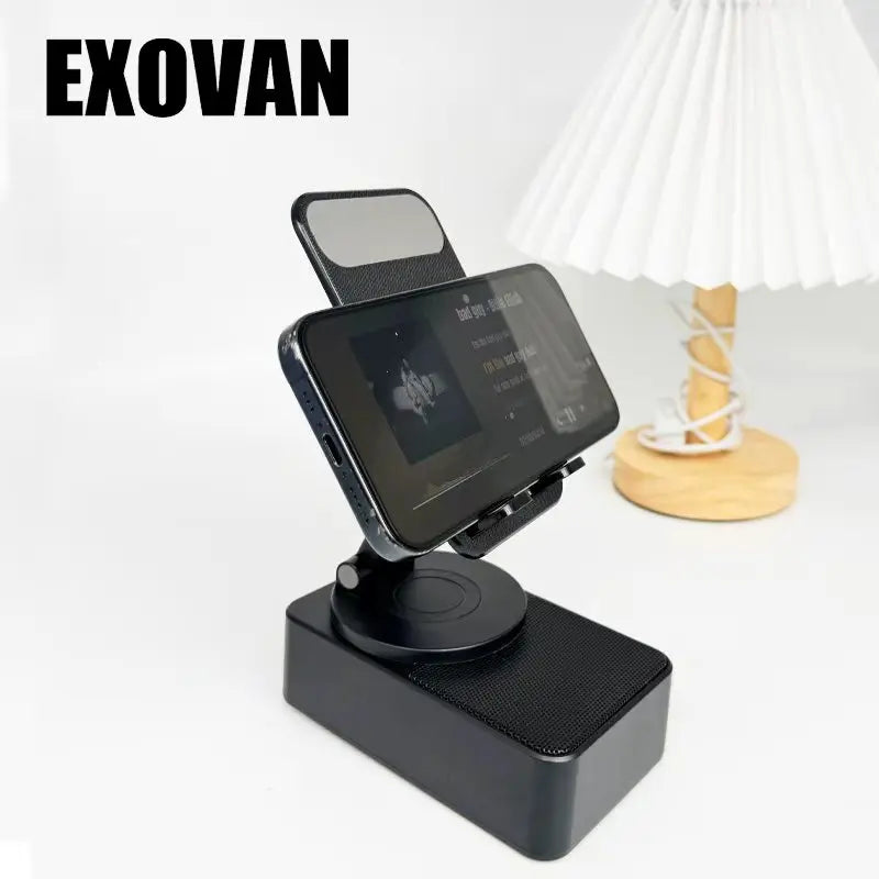 Wireless Bluetooth Speaker with 5-in-1 Phone Holder, Rechargeable Emergency Power, Colorful Ambient Lighting, 300° Foldable Design for Tablets and Smartphones, Ideal Gift for Men and Women, Black with LED Nightlight and Induction Charging Stand