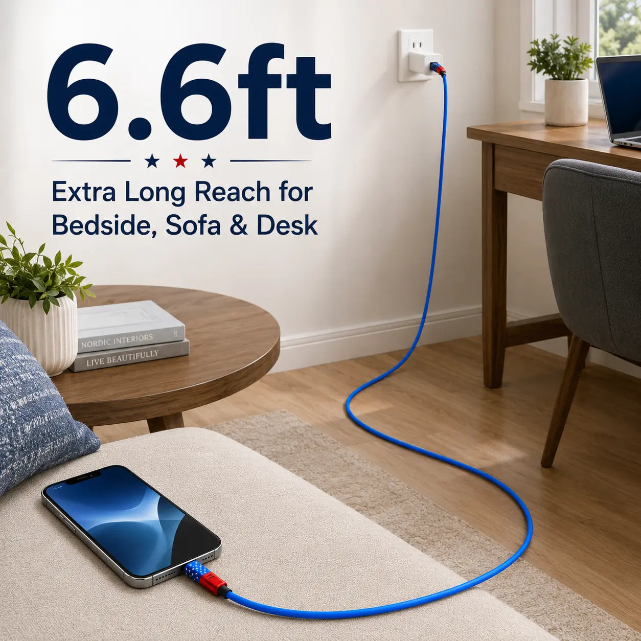 4-in-1 Fast Charging and Sync Cable (3.3Ft/6.6Ft) - American Flag Inspired iPhone Charger with Durable Metallic Connectors, Flexible USB-A to Lightning/Type-C for Home and Car Use