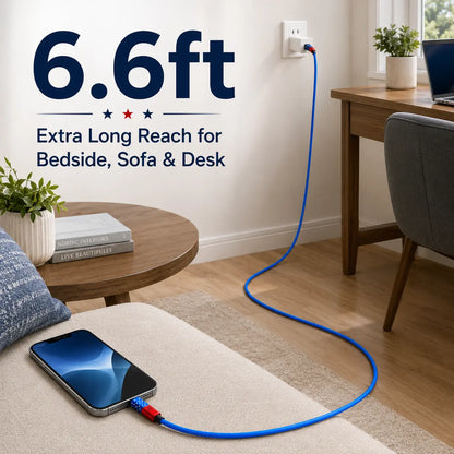 4-in-1 Fast Charging and Sync Cable (3.3Ft/6.6Ft) - American Flag Inspired iPhone Charger with Durable Metallic Connectors, Flexible USB-A to Lightning/Type-C for Home and Car Use